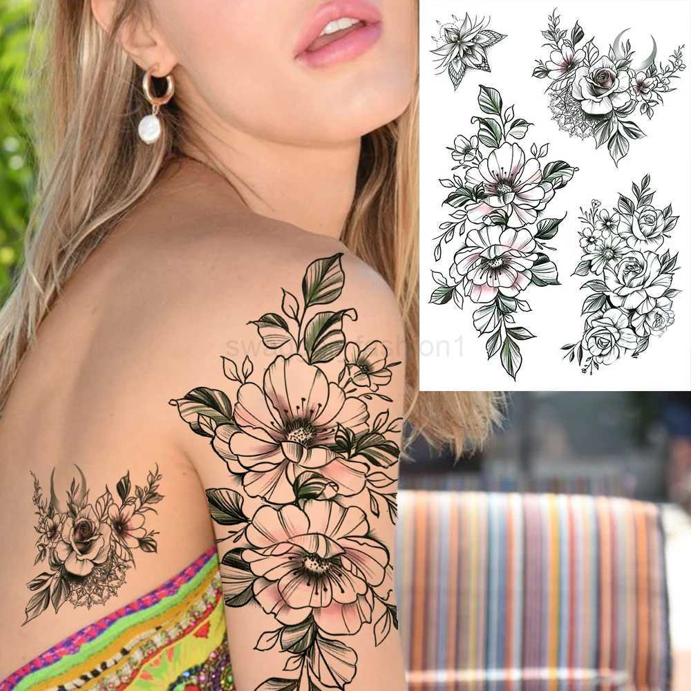 3D Flower Triangle Temporary Tattoos For Women Girl Fake Wolf Deer Geometry Tattoo Sticker Peony Dahlia Body Art Adults TatoosB240713