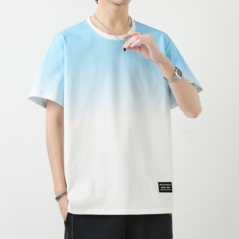 2024 New Summer Men's Trendy Loose Clothing Fashion Brand Student Short sleeved Top Round Neck Gradient 100% Cotton T-shirt