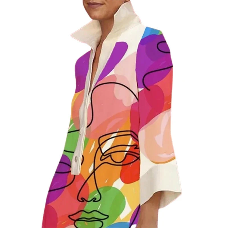 Gymystars Stylish Personality Figure Printed Lapel Short Dress Spring Summer Long Sleeve Casual Mini Dresses 240705