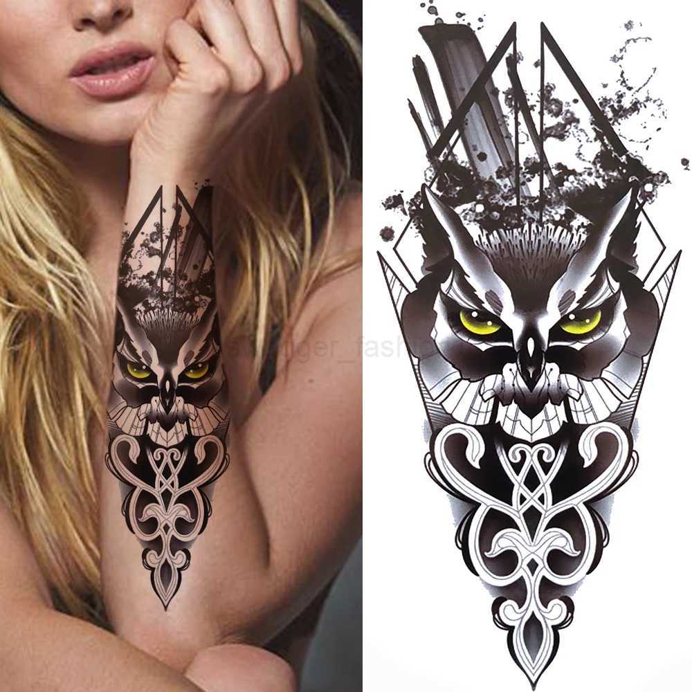 Geometry Owl Temporary Tattoo For Women Fake Wolf Tiger Deer Triangle Tatoo Sticker Black Moon Flower Body Art Tattoos PaperB240713