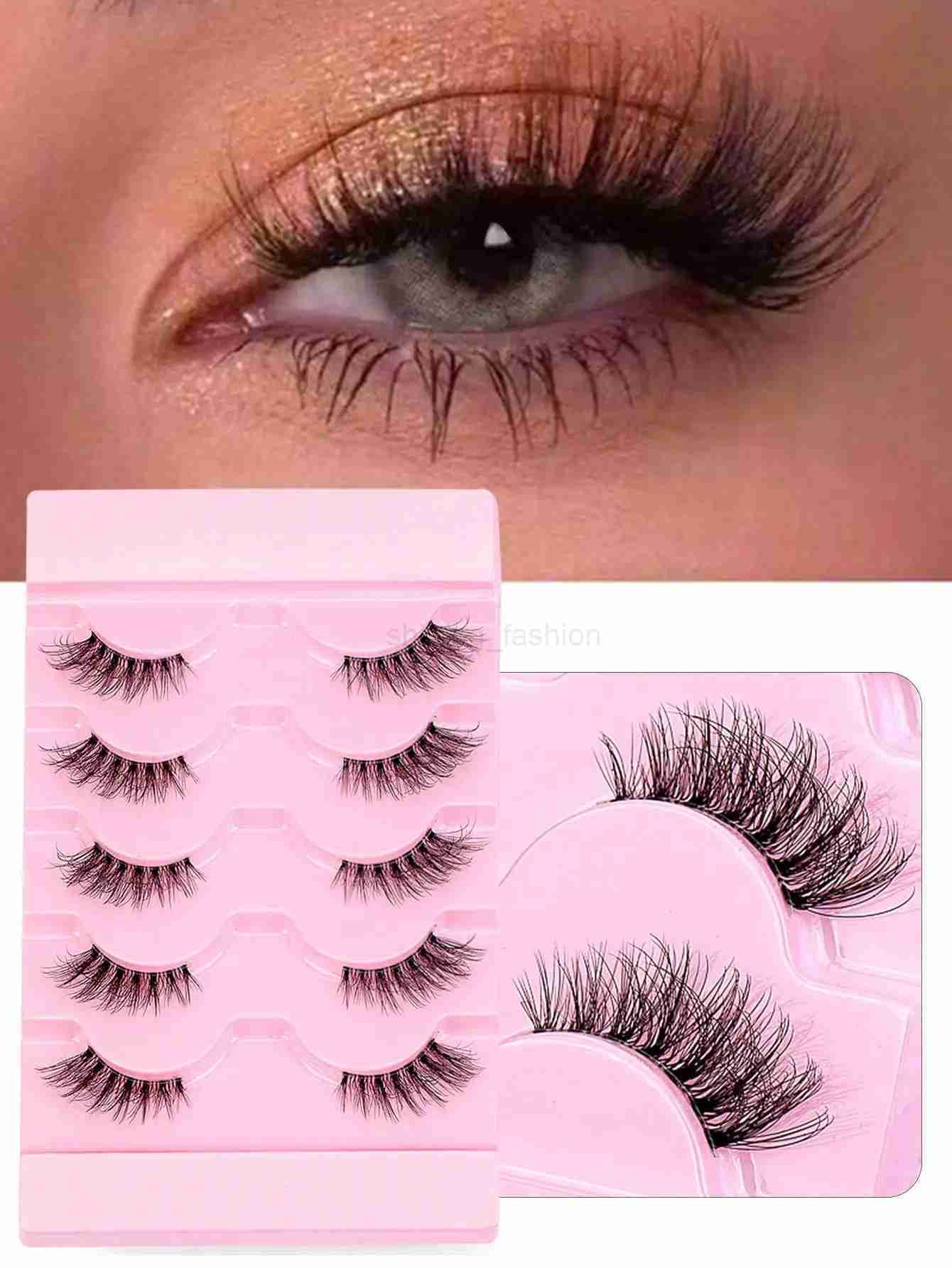 Half Eey Lashes 5 Pairs Faux Mink Lashes Cat Eye Fluffy Wispy Transparent Stems Reusable False Eyelashes Makeup ToolsCL240713