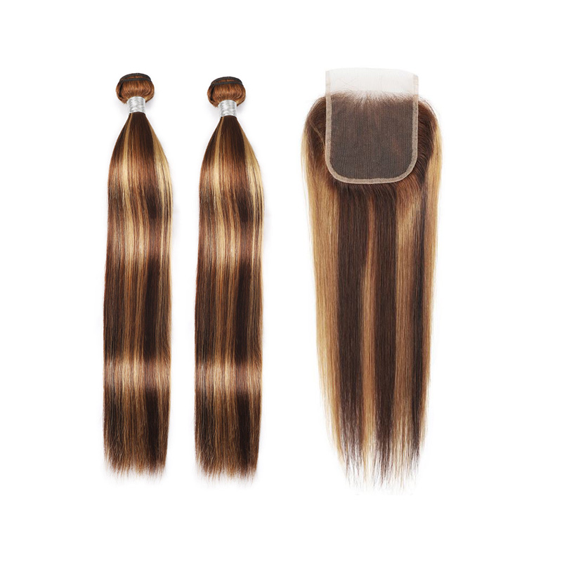 Brazilian Human Hair Peruvian Malaysian Virgin Hair Wefts With 4X4 Lace Closure P4/27 Piano Color 3 PCS Straight 10-30inch