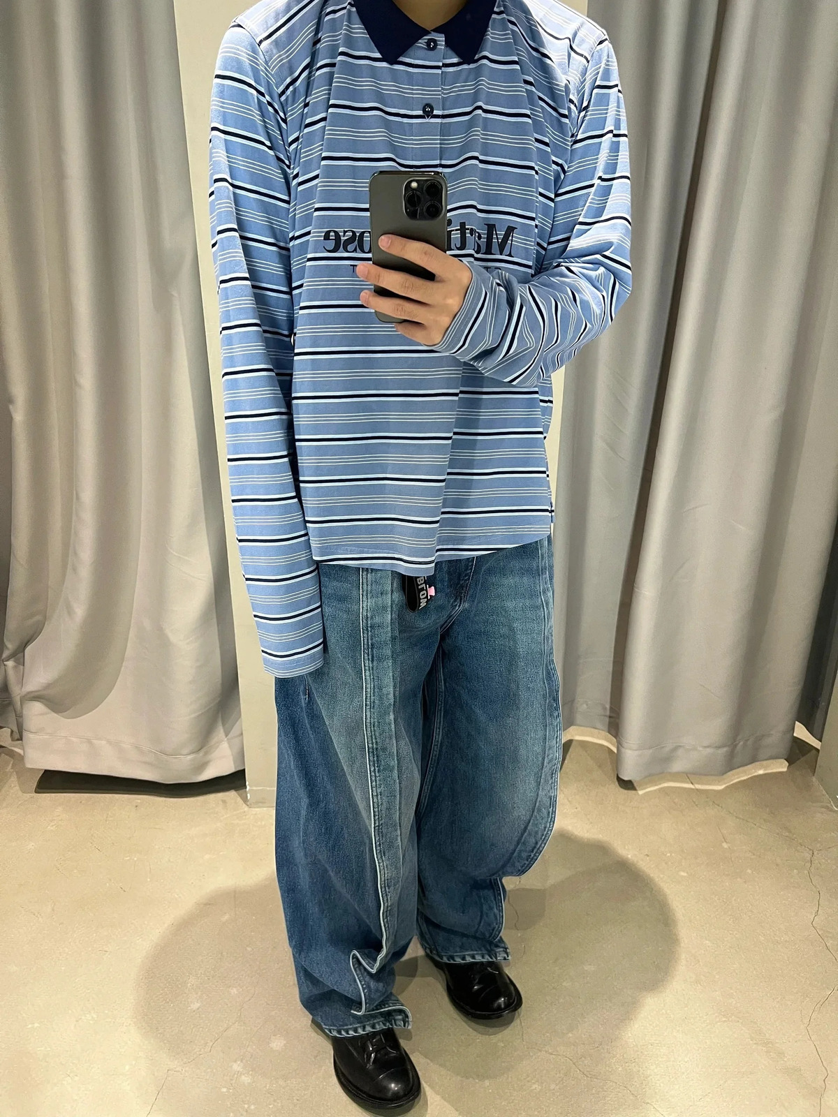 2024 Blue Striped Polo Long-sleeved T-shirt American Retro Loose Spring and Autumn Style for Men Women Unisex 240708