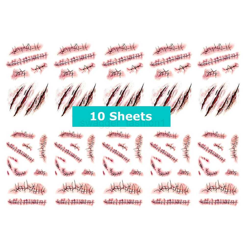 10 Sheets Halloween Terror Wound Temporary Tattoo Waterproof Realistic Blood Tattoos Injury Scar Tattoo Stickers For Face HandsB240713