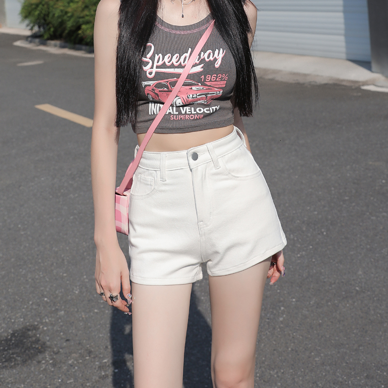 American Casual 2024 Water Wash A-line High Waist Denim Shorts Spicy Girl Tight Wrap Hip Hot Pants Summer