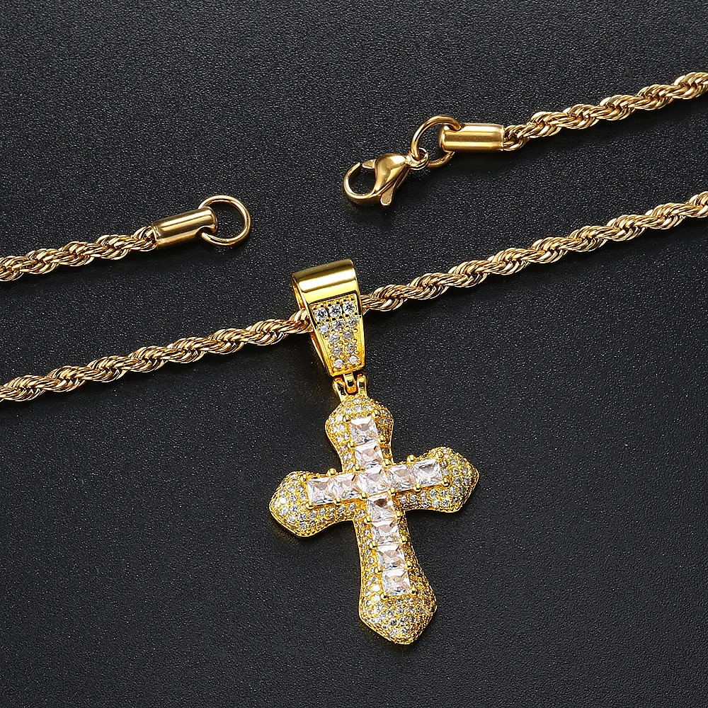 Iced Out Zirconia Cross Pendant Necklaces Fashion Hiphop Rappers Stainless Steel Rope Chain on Neck Homme Trend Jewelry OHP141 240710