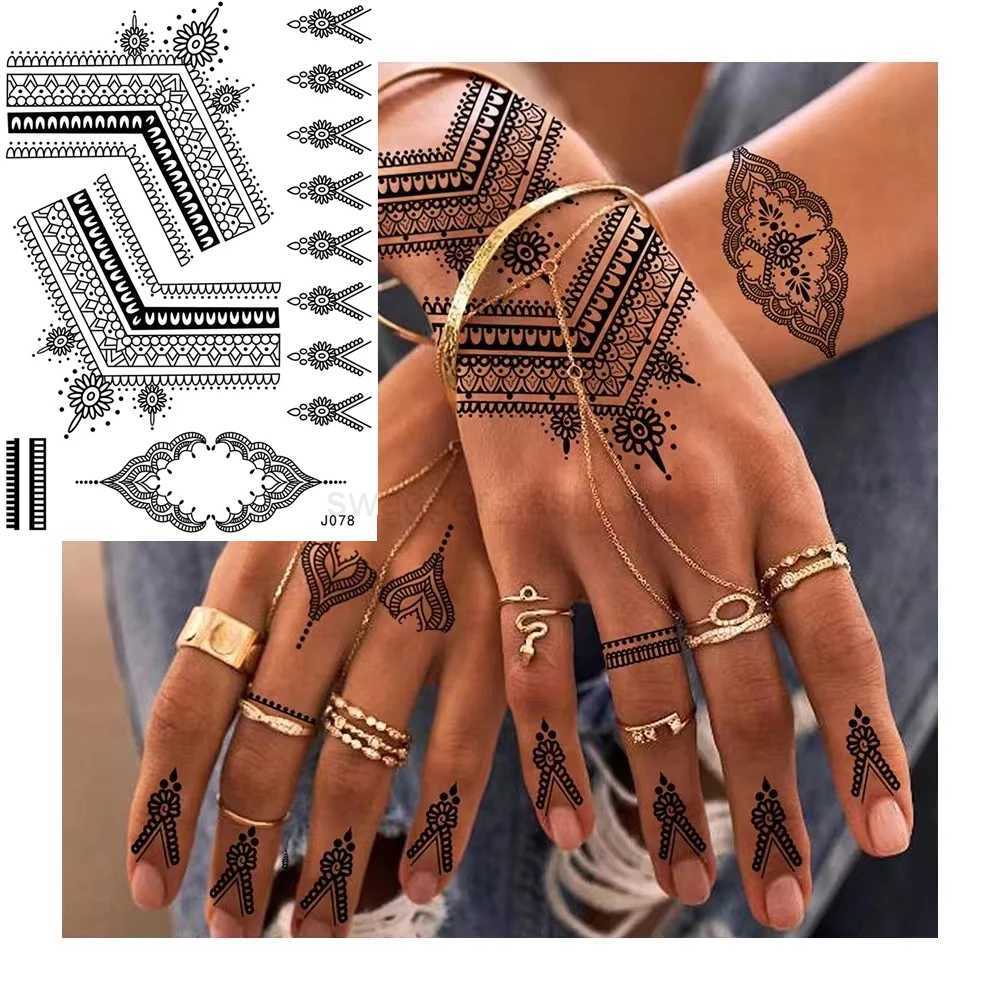Black Henna Temporary Tattoos Lace Flower Mehndi Tattoo Sticker for Women Wedding Waterproof Fake Tattoo Festival Body Art HenaB240713