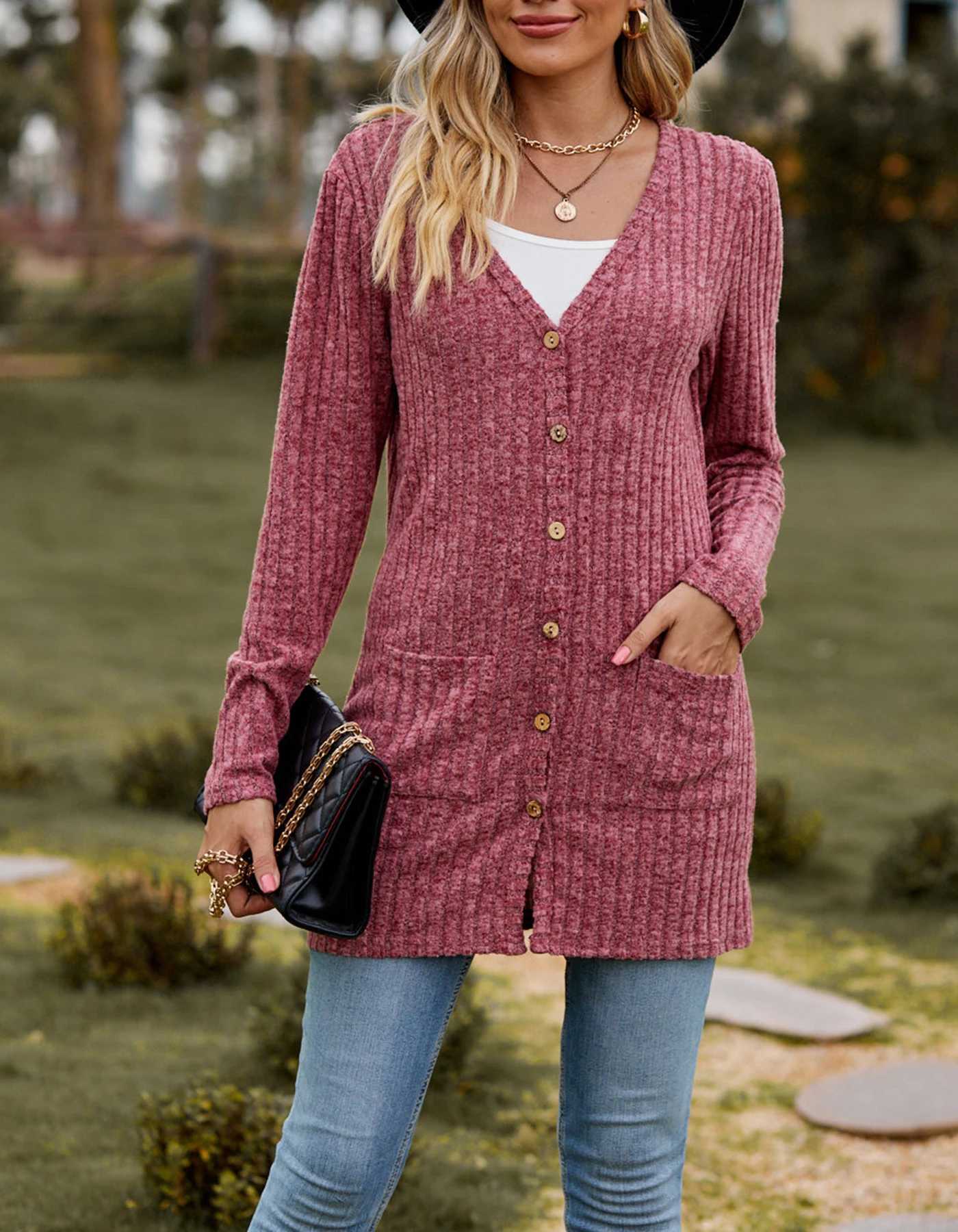 Women's Sweaters Autumn new womens matte pit stripe solid color long sleeved womens open front jacket J2407089N67