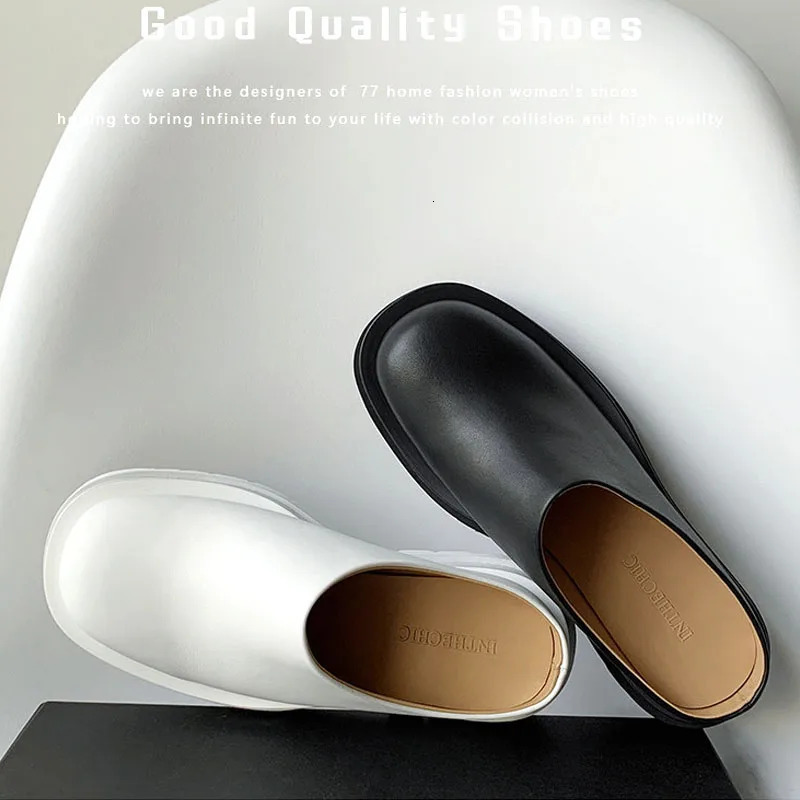 Womens Sliding Summer Fashion Leather Shoes Loafers High Platform Sliding Womens Black High Heeled Mule Shoes Vc3474 240713
