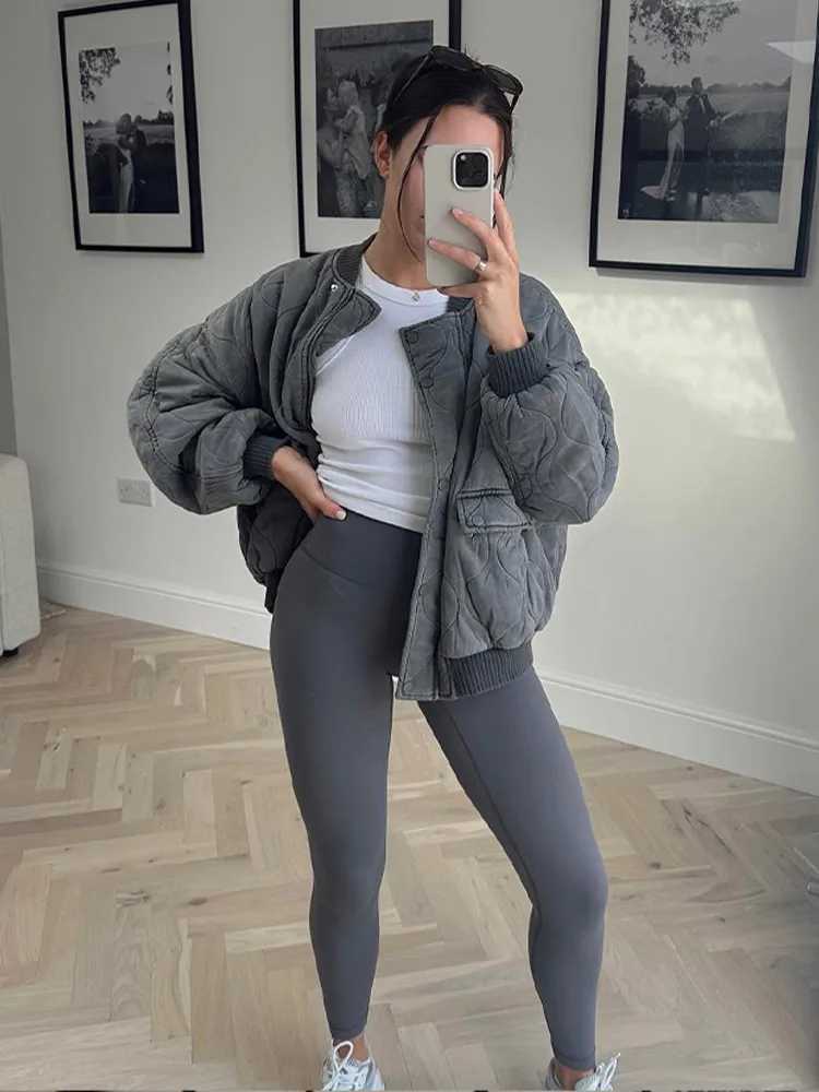 Womens Jackets Loose fitting womens bomber jacket gray long sleeved Oneck short sleeved jacket womens 2023 autumn and winter fashion button pocket wom