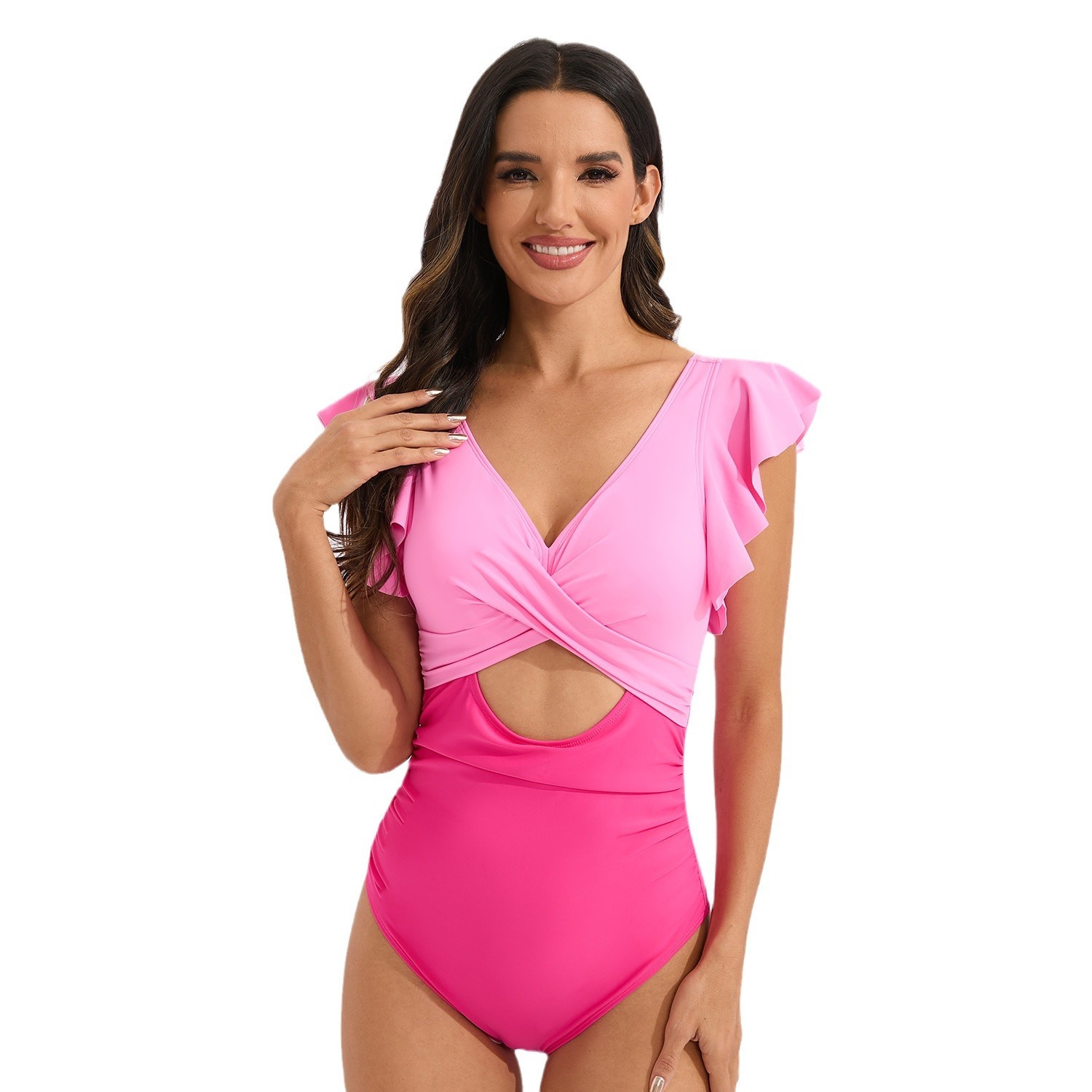 2024 with Ruffled Edges, Conservative One-piece Swimsuit, Cross Cut Chest, Color Blocking Backless Swimsuit for Women Novelty Loose Short Self-cultiva