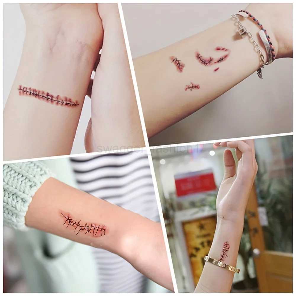 10 Sheets Halloween Terror Wound Temporary Tattoo Waterproof Realistic Blood Tattoos Injury Scar Tattoo Stickers For Face HandsB240713