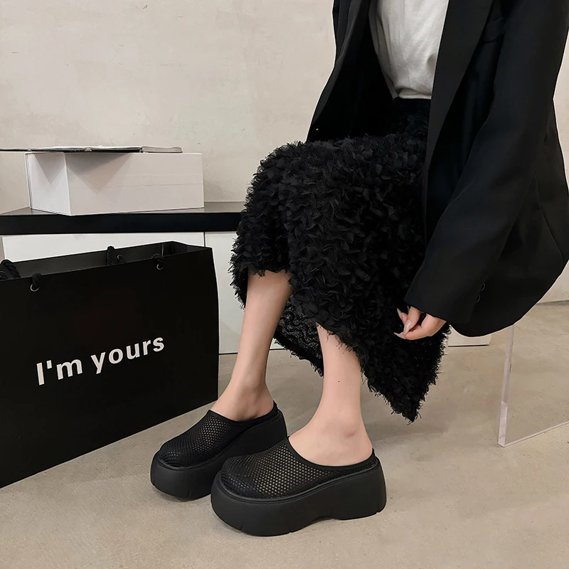 Platform mesh slider womens sandals summer mule 2024 mid boots fashionable casual slider flip Zapatos unprinted slider 240713