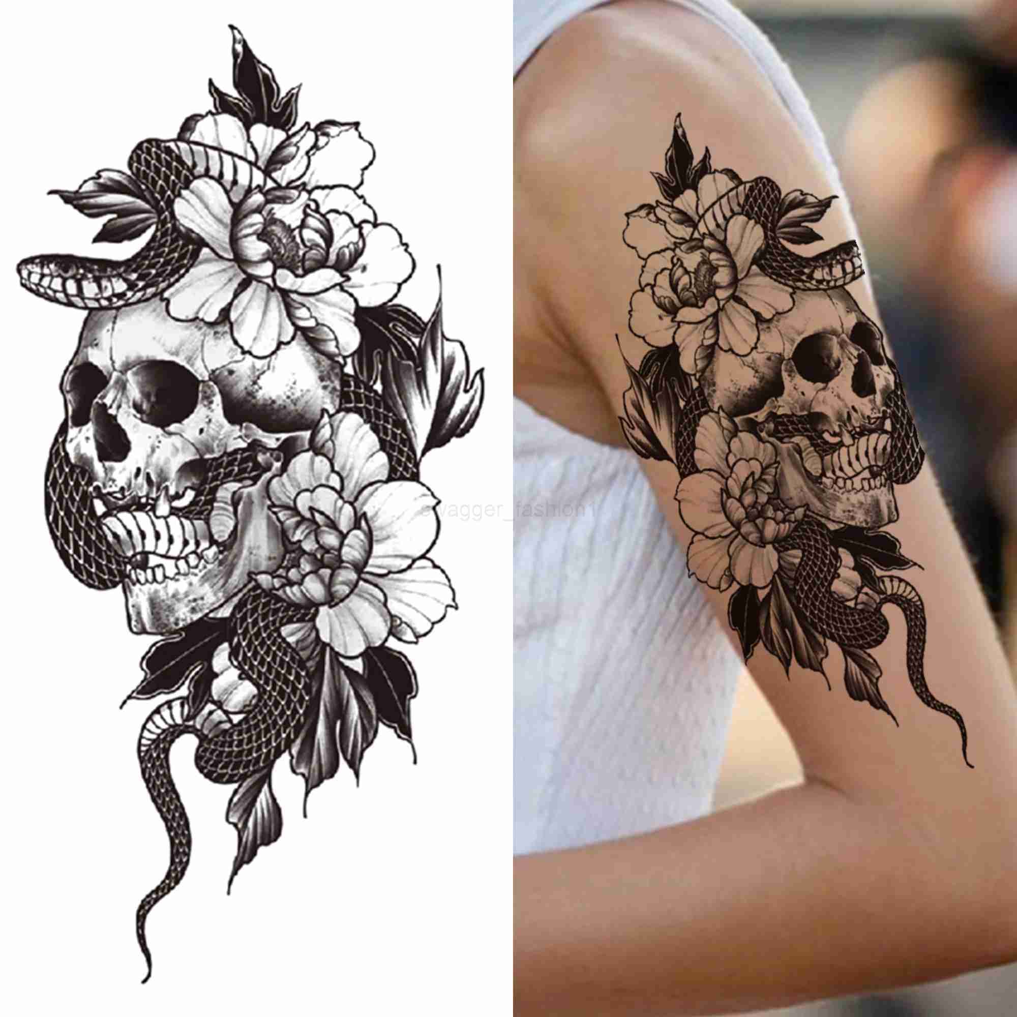Large Death Skull Snake Flower Temporary Tattoos For Women Men Adult Skeleton Fake Rose Tattoo Sticker Black Peony Body TatooB240713