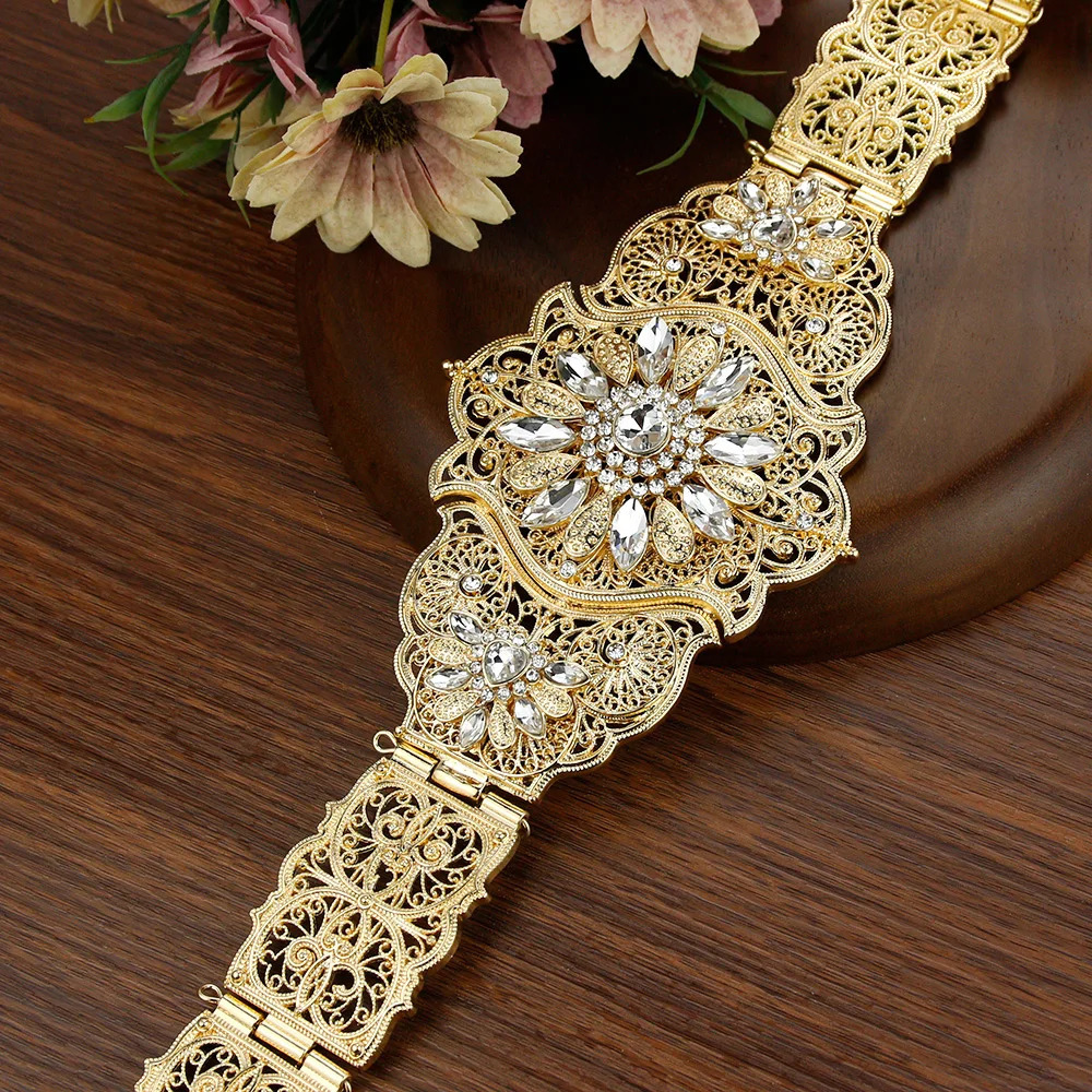 Sunspicems Crystal Caucasian Womens Belt Algeria Morocco Robe Caftan Belt Wedding Jewelry Gold Metal Chain Adjustable 240710