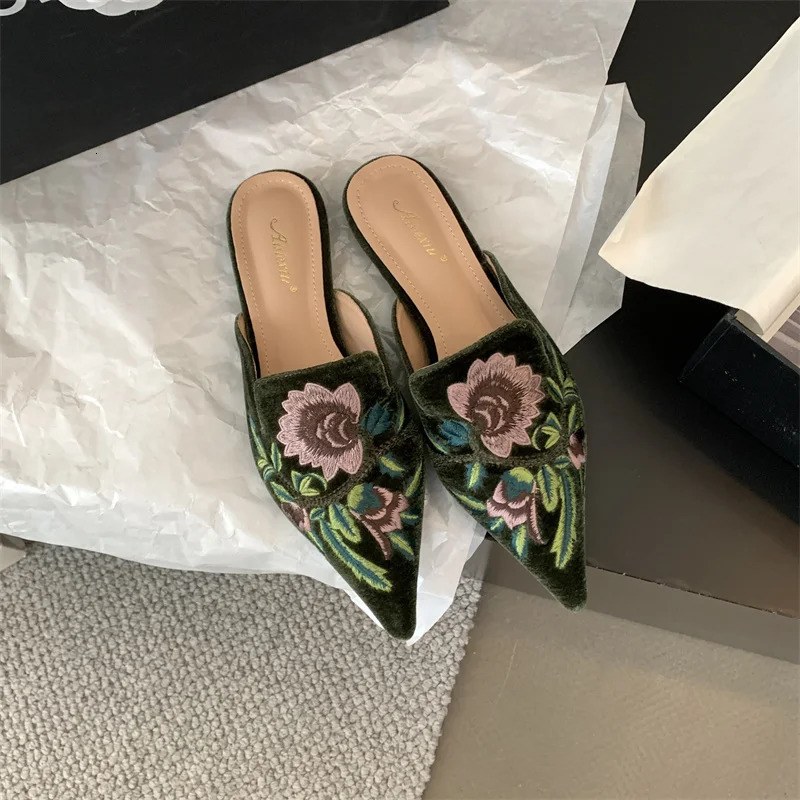 spring floral embroidery womens slider toe pointing flat head casual slider slider on mule black green beige outdoor flip cover 240713