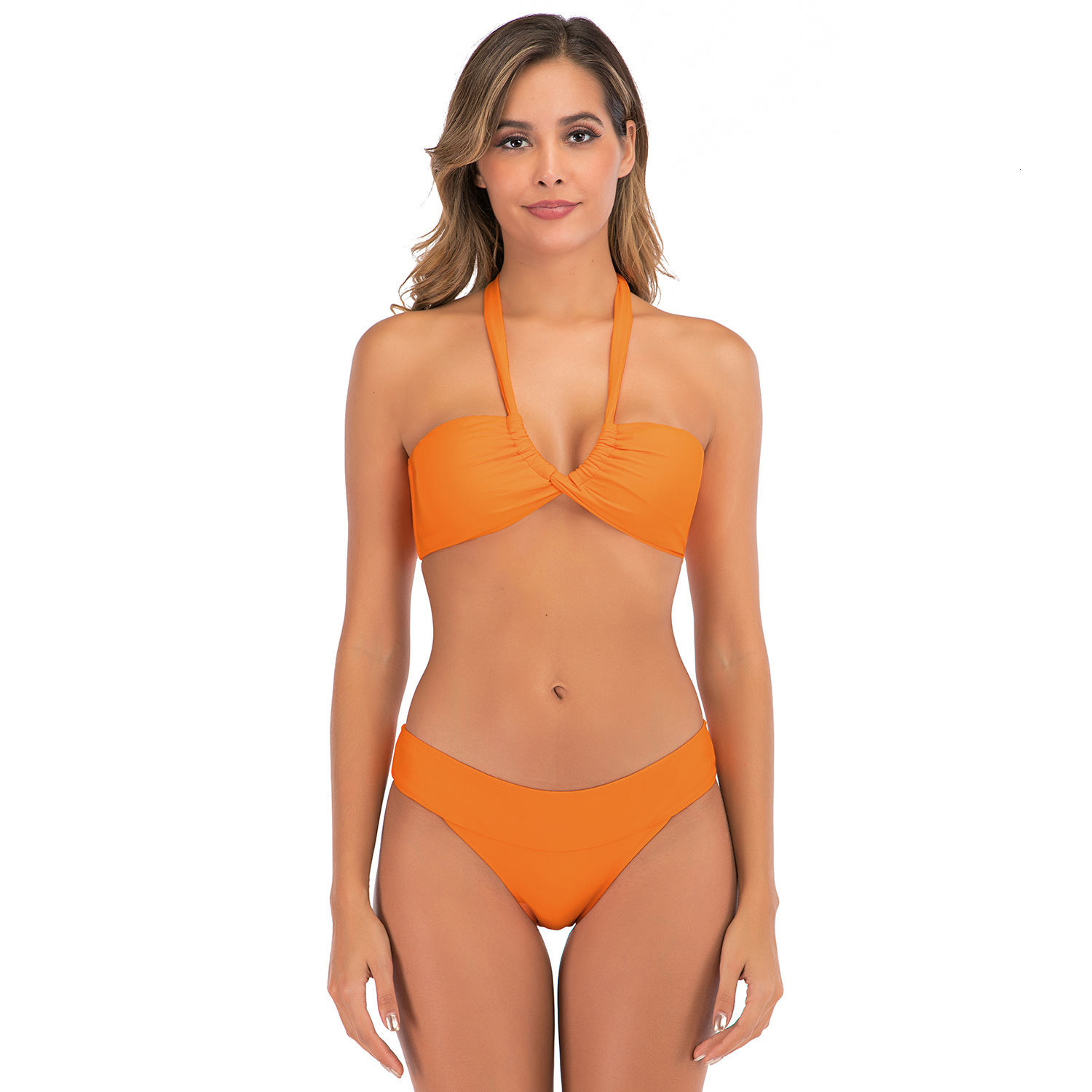 Scrunch New Arrival Gentle Wind Retro French Versatile Fashion Solid Temperament 2023 Split Sling Neck Swimsuit Sexy Bikini Novelty Short Self-cultiva