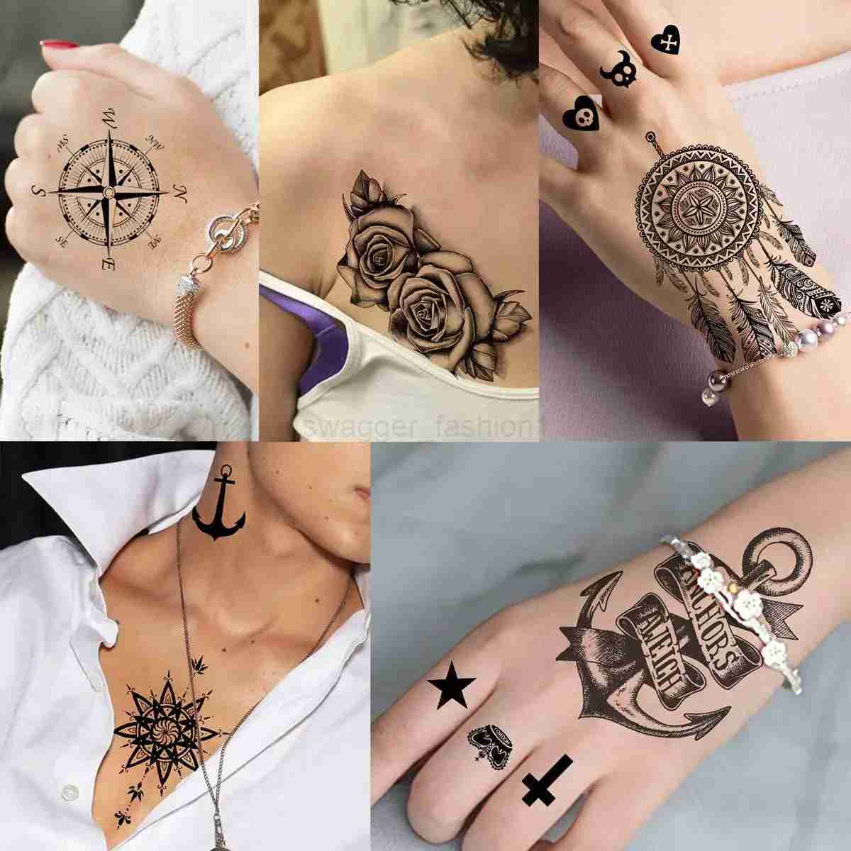 66 Sheets Small Black Temporary Tattoos For Women Men Face Neck Fake Tattoo Sticker Realistic Skull Flower Star Tatoos Kits FunB240713
