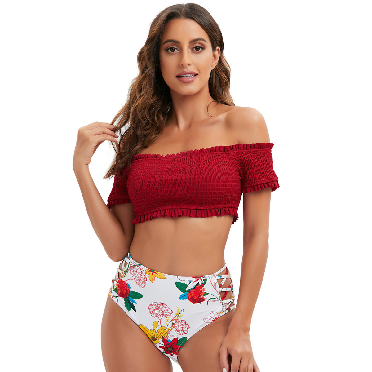 Retro Sleeveless Temperament Leisure Time Popular New Split Women's Sexy Half Sleeves High Waist Bikini Swimsuit Temperament Waist Sexy Novelty S