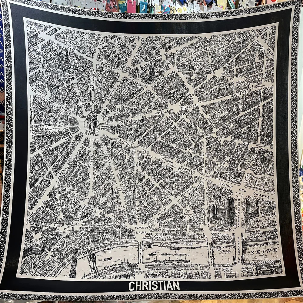 135CM Winter Thicken Silk Cashmere Scarf Women Hand Rolled Shawls Paris City Print Square Scarves Wraps Bandana Big Hijab Female 240712
