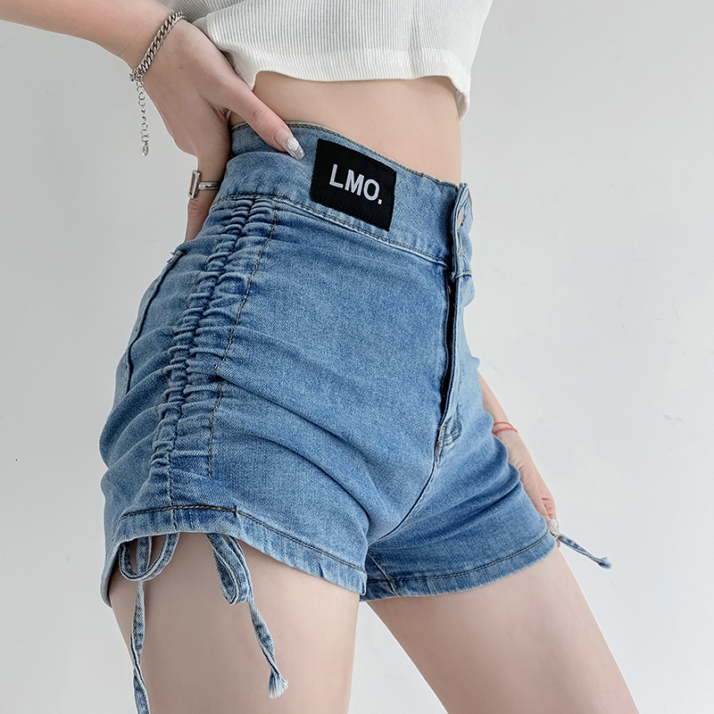 Light blue high waisted denim shorts women 2022 summer new Korean version elastic tight hot pants with waist cinching for slimming effect