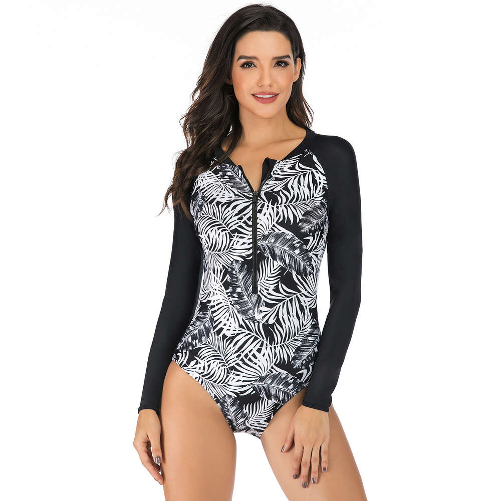 Long Washable Popular Leisure Time Solid Temperament Women's Long Sleeved Surfing Suit, Zippered One Piece Printed Swimsuit, Women's Swimsui