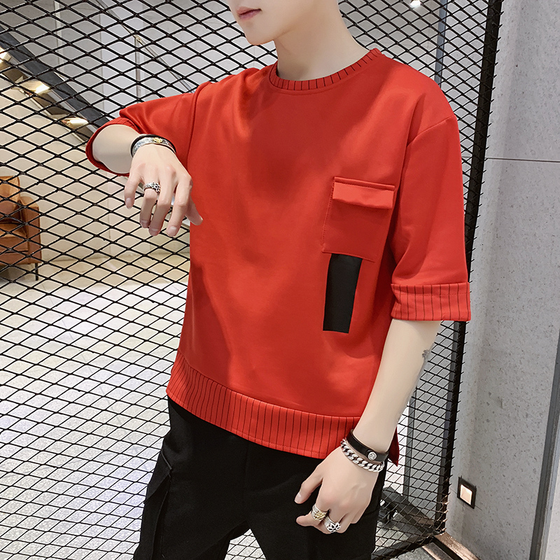2023 Summer Pi Shuai Seven Sleeve Short sleeved Men's Korean Trendy workwear T-shirt Round Neck Contrast Top Men