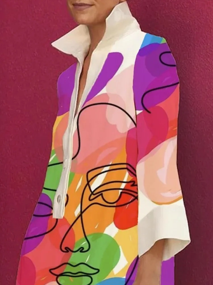 Gymystars Stylish Personality Figure Printed Lapel Short Dress Spring Summer Long Sleeve Casual Mini Dresses 240705