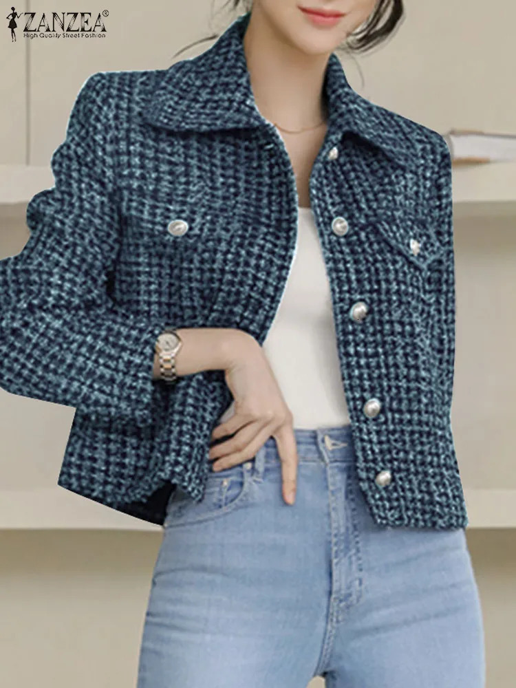Vintage Lapel Cropped Jackets ZANZEA Korean Fashion Tweed Coats Autumn Slim Casual Office Lady Single Breasted Outerwears 240704