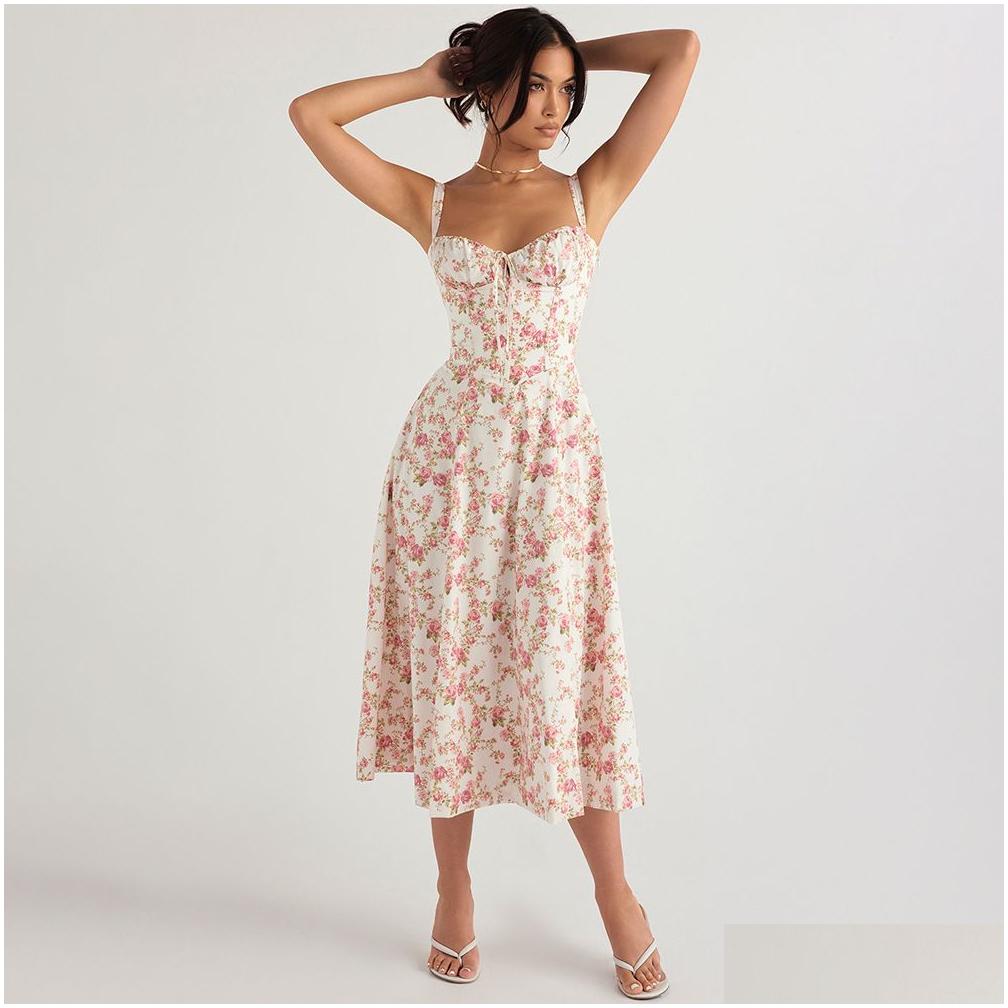 Basic Casual Dresses House Of Cb Dress Corset Split Skirt Bow Tie Chest Frill Details Print Floral Midi Back Lace Up Robe Clothing Wom Dhvn3