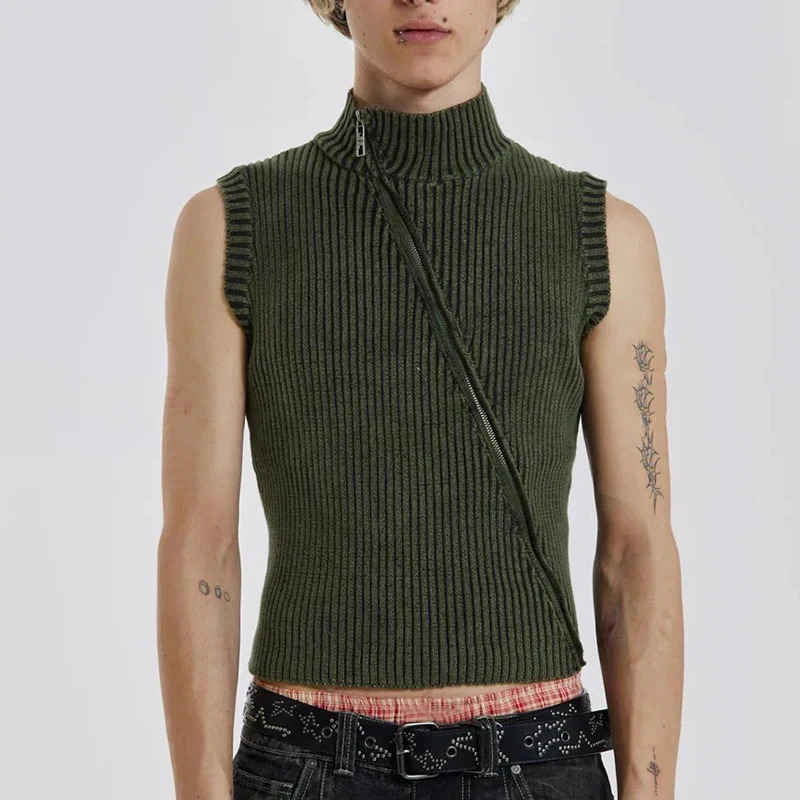 PFNW Streetwear Men Knitted Vest Pullovers Mens Turtleneck Sleeveless Top Sweater Zipper Tie-dye Clothing Autumn C3482 240712