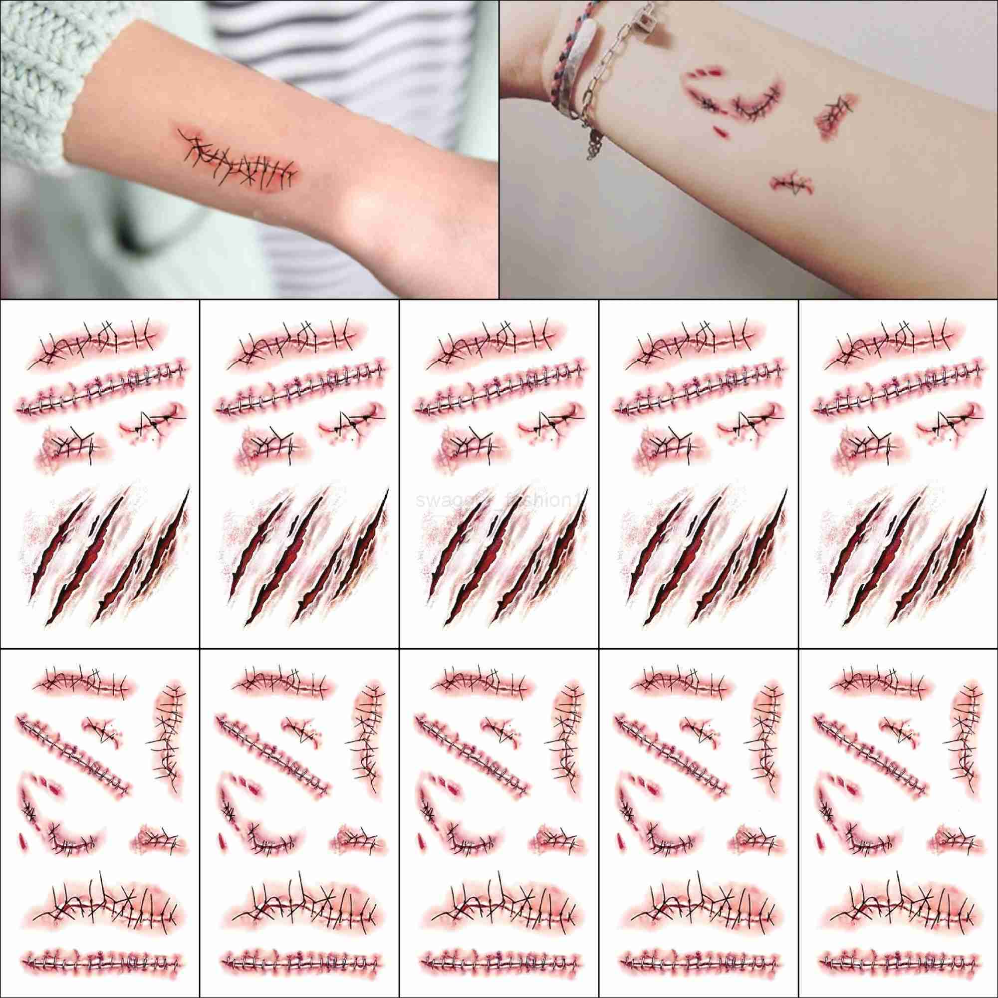 10 Sheets Halloween Terror Wound Temporary Tattoo Waterproof Realistic Blood Tattoos Injury Scar Tattoo Stickers For Face HandsB240713
