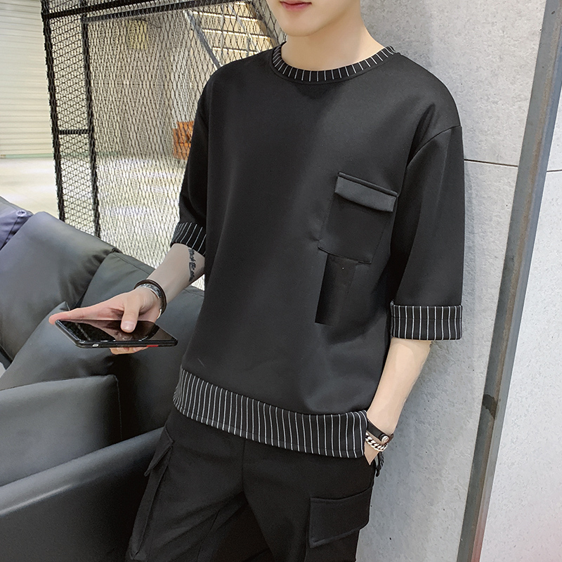 2023 Summer Pi Shuai Seven Sleeve Short sleeved Men's Korean Trendy workwear T-shirt Round Neck Contrast Top Men