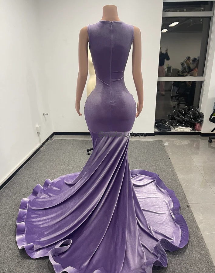 Stunning Lilac Prom Dresses For Black Girls Beaded Crystal Mermaid Velvet Evening Gowns African Black Women Formal Birthday Wear Special Occasion Vest