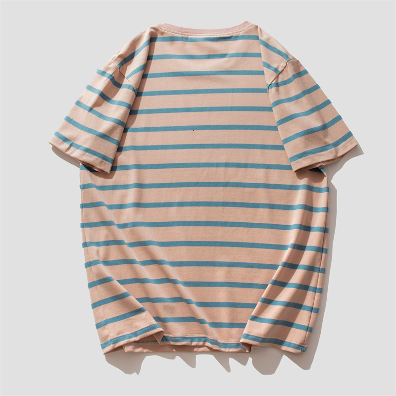 2022 Summer Loose Large Size Thin Striped Round Neck T-shirt High end Men's Sports Shirt Short Sleeve Pure Cotton