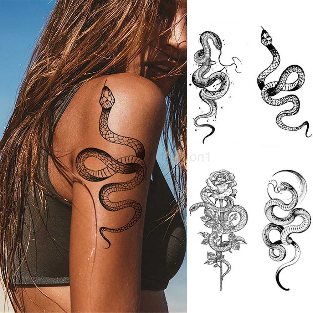 2023 Summer Snake Flower Temporary Tattoos Sticker Waterproof Cool Dark Style Unisex Water Transfer Fake Tattoo Women AccessoryB240713