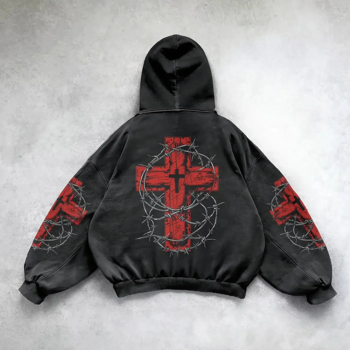 2024 Y2K High Street Retro Red Heart Pattern Hoodies Oversized For Men And Women Harajuku Hiphop Gothic Tshirt Sweatshirt y240709