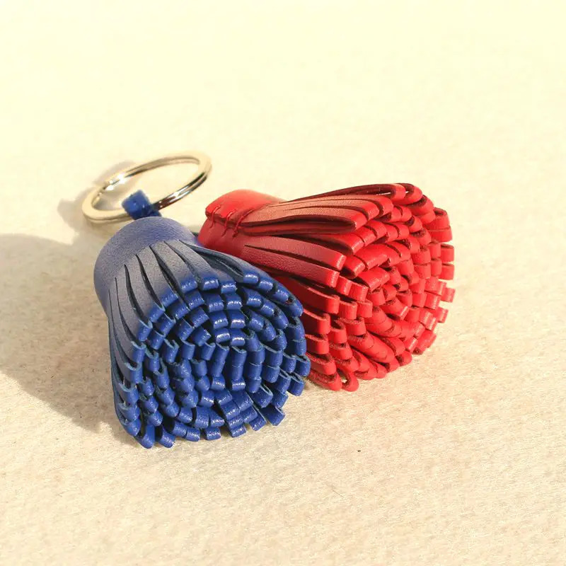 Natural Real Leather Tassel Keychain For Keys Car Key Chain Key Ring Women Bag Charm Pendant Girls 240713