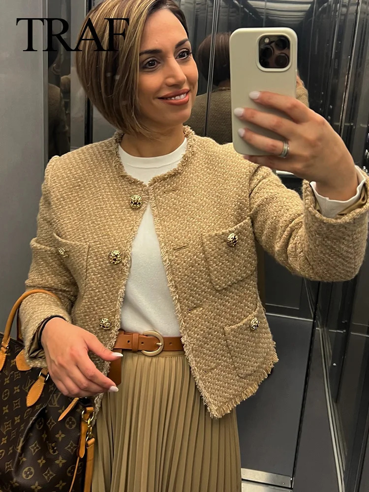 TRAF Autumn Fashion Women Short Jacket Camel Tweed Long Sleeve Button Frayed Cropped Tops Elegant Y2k Vintage Chic Coats 240704
