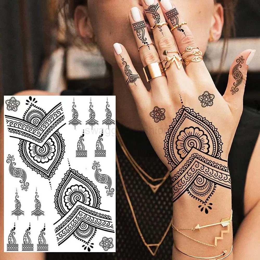 Black Henna Temporary Tattoos Lace Flower Mehndi Tattoo Sticker for Women Wedding Waterproof Fake Tattoo Festival Body Art HenaB240713