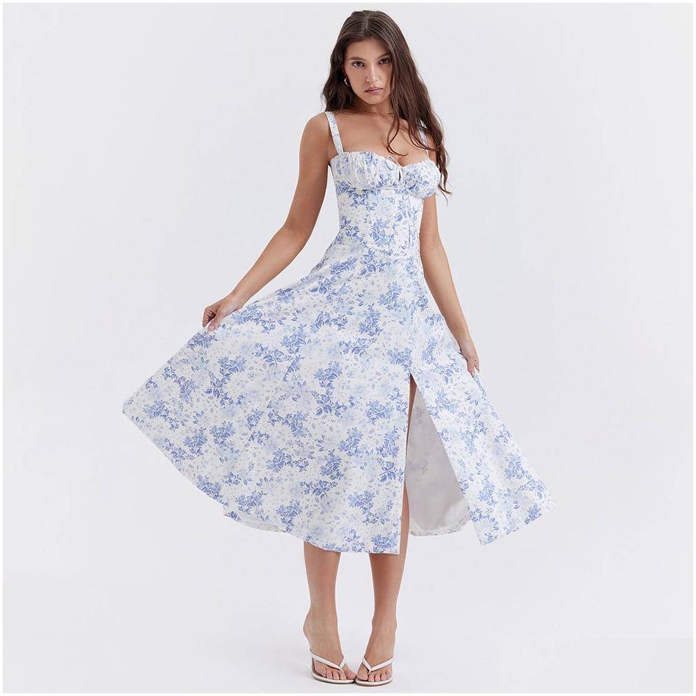 Basic Casual Dresses House Of Cb Dress Corset Split Skirt Bow Tie Chest Frill Details Print Floral Midi Back Lace Up Robe Clothing Wom Dhvn3