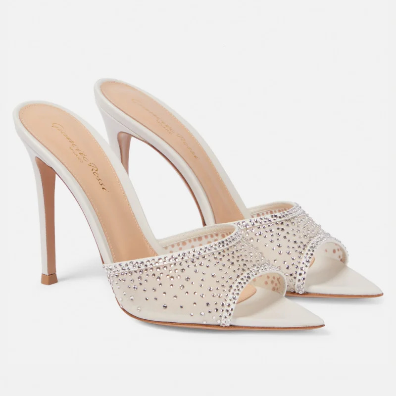 Womens high-heeled rhinestone slider fashionable slim high heels slider flip cover womens Pointed Open Toe slider party shoes 240712bj