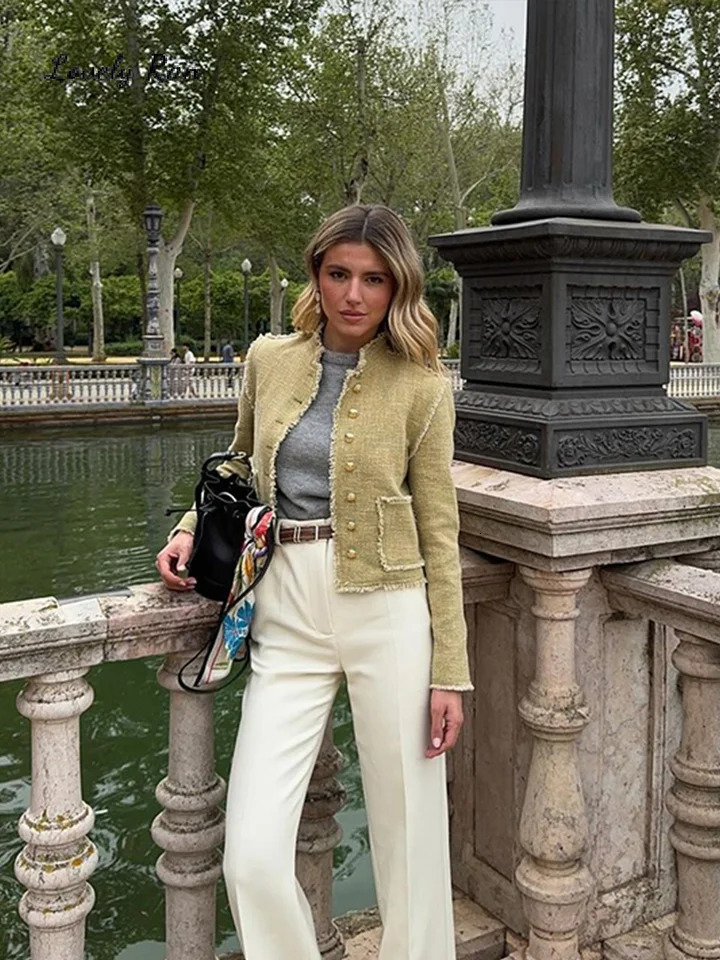 Elegant Tweed Womens Jackets Coat Fashion Tassel Single Breasted Stand Collar Pockets Female Jacket Autmn Lady Outwear 240704