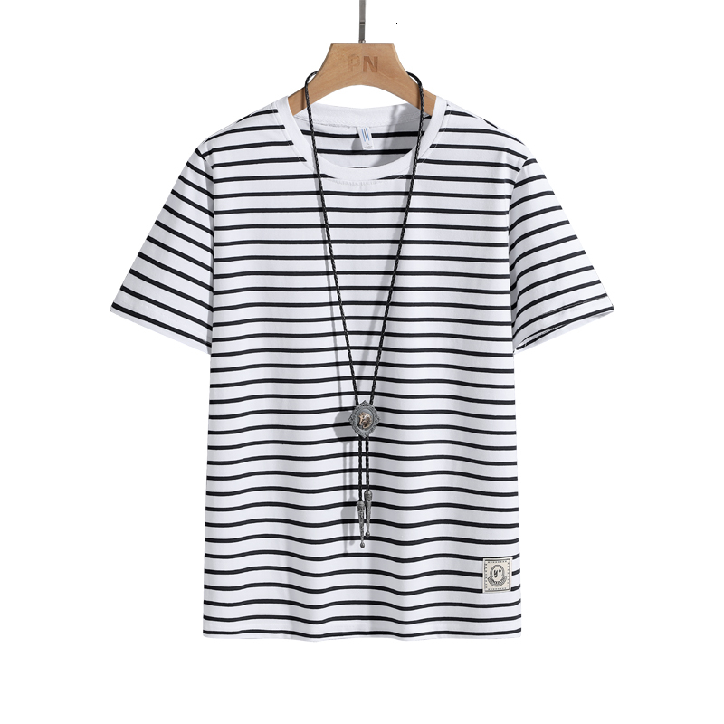 2024 Summer Loose Large Size Thin Striped Round Neck T-shirt High end Men's Sports Shirt Short Sleeve Pure Cotton
