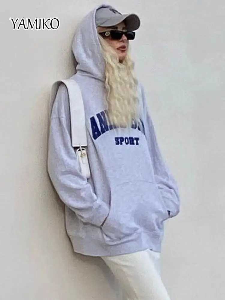 Women's Hoodies Sweatshirts YAMIKO 2024 Spring Embroidered Letter Sports Shirt Womens Long sleeved O-neck Pulling Top Loose Casual Street Sports 