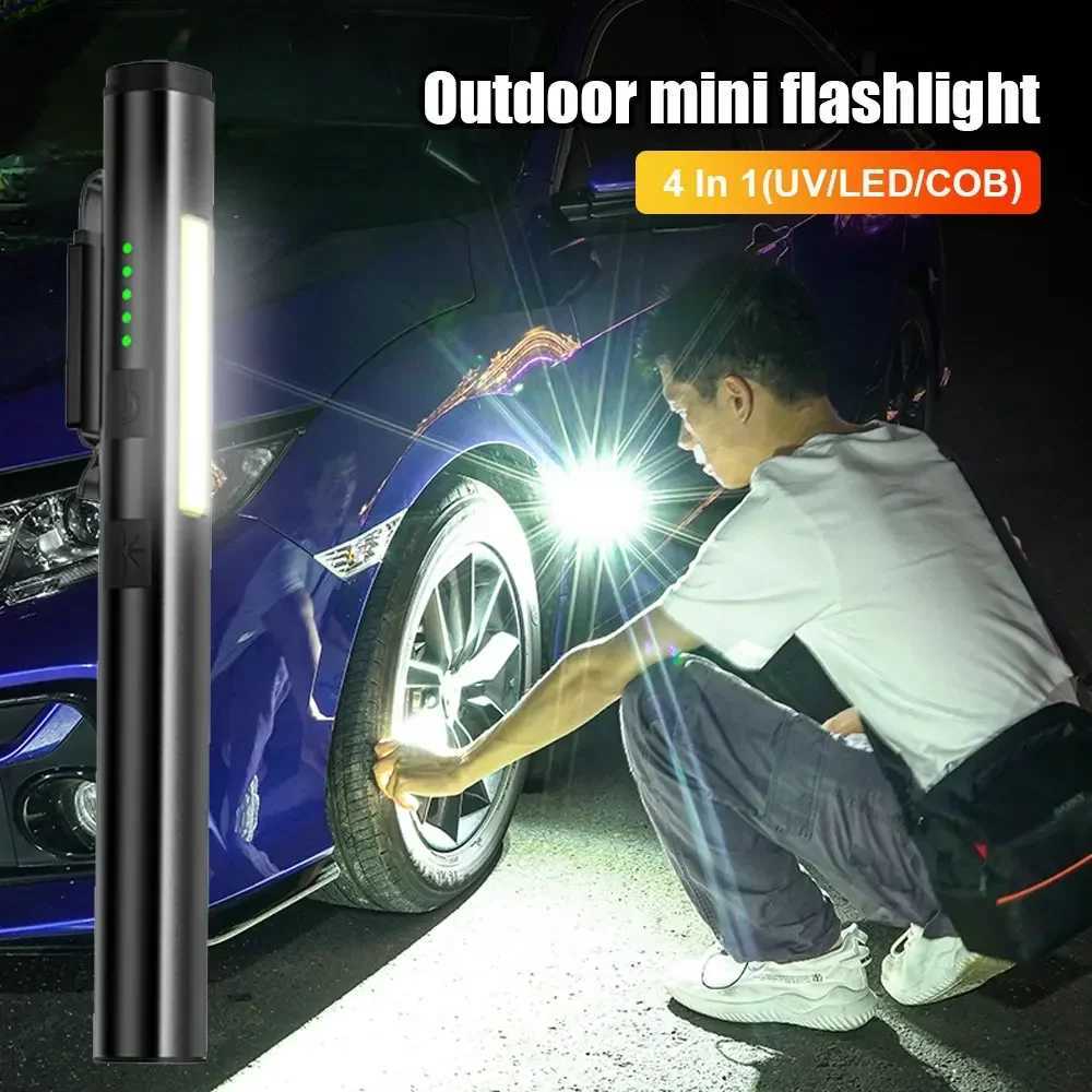 Multifunctional 4 in 1 LED Flashlight Mini USB Rechargeable 800mah Pen Clip Flashlight 365nm UV Light COB Camping Work Repair M251117