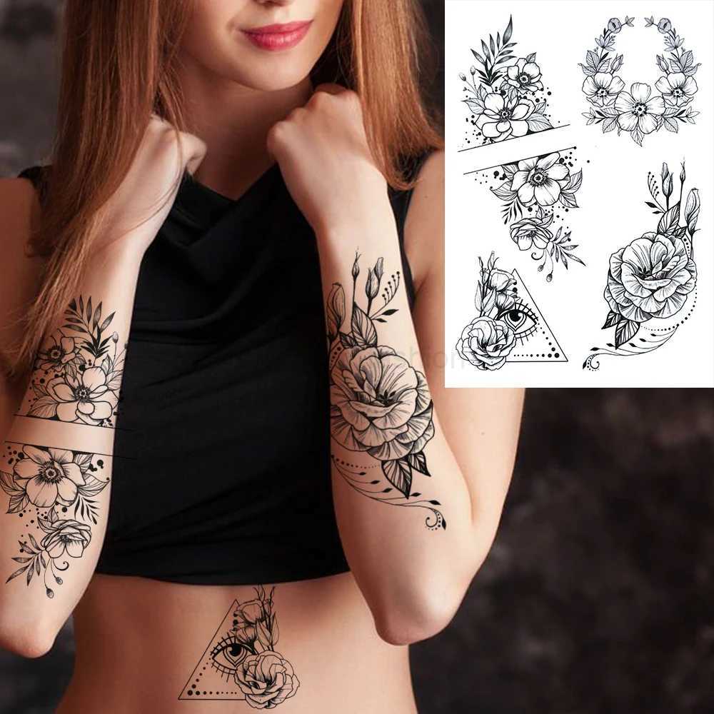 3D Flower Triangle Temporary Tattoos For Women Girl Fake Wolf Deer Geometry Tattoo Sticker Peony Dahlia Body Art Adults TatoosB240713