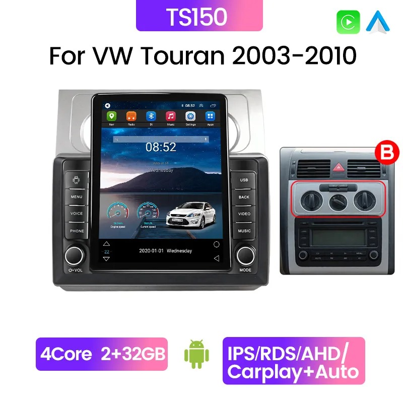 8 CORE Car Video Radio Multimedia Player Autoradio Android 13 for Volkswagen VW Touran 1 2003-2010 Tesla Style IPS Navi GPS 2 Din BT