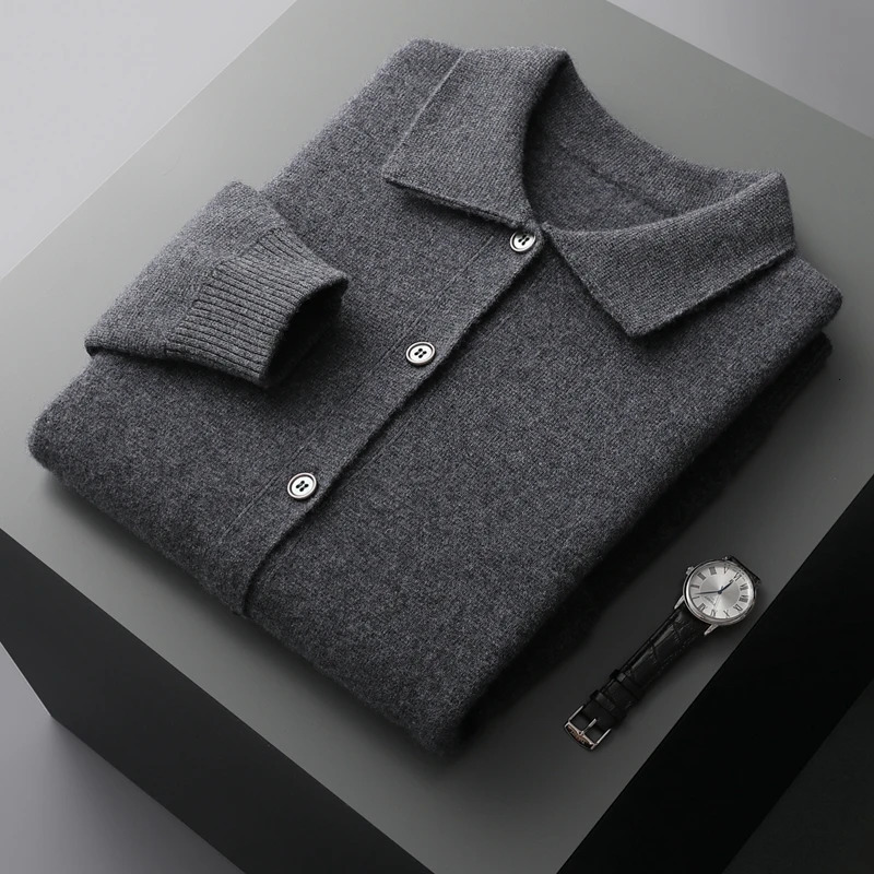 Autumn And Winter 100% Cashmere Cardigan Mens POLO Collar Coat Knitted Baseball Uniform Jacket Bottoming Wool Sweater 240702
