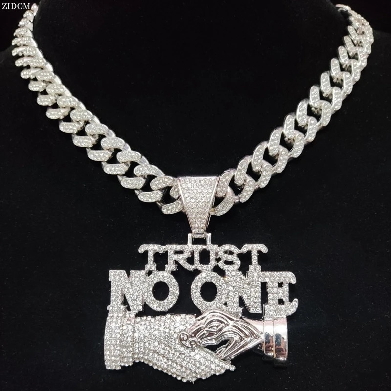 Men Women Hip Hop Trust no one Pendant Necklace with13mm Cuban Chain Hiphop Iced out pendant Necklaces Fashion Punk Jewelry Gift 240713